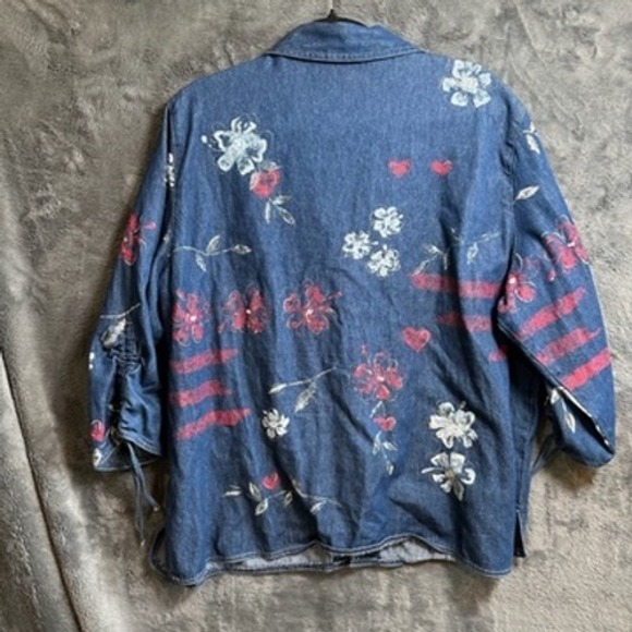 Koret City Blues Denim Button Down Shirt Floral Heart Print Womens 20W - Picture 6 of 8